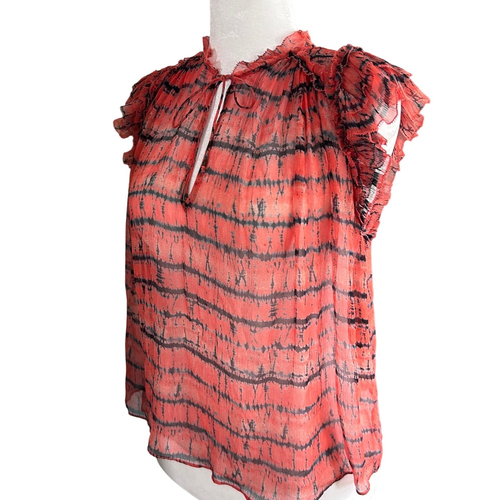 Ulla Johnson Silk Shibori Tie Dye Ruffle Blouse Coral Black Size 6
